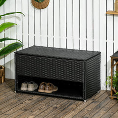 Outdoor Deck Box & Shoe Storage, PE Rattan Wicker Towel Rack with Liner for Indoor, Outdoor, Patio Furniture Cushions, Pool, Garden Tools, Black
