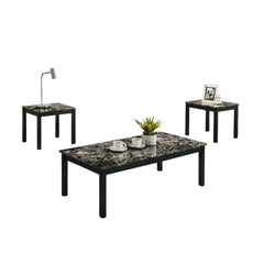 Contemporary Style 3pc Table Set 1x Coffee Table 2x End Table Faux Marble Top Wooden Legs Black And White Finish Primary Living Room