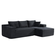 2-Piece Convertible Corduroy L-Shaped Sofa in a Box with Pillows, 3-Seater Modular Sectional Couch, Compressed Living Room Furniture, Black (Right Facing)