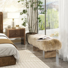 Meteor 49" Sheepskin Fur Rectangular Accent Bench, Natural Blonde Genuine Fur