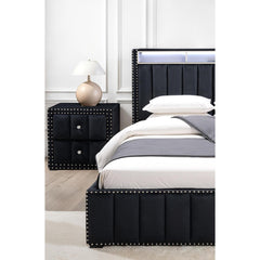 Black Color Contemporary Style 1pc Nightstand Crystal-like Knobs Vertical Channel Tufting Nailhead Trim Fabric Bedside Table Bedroom Furniture