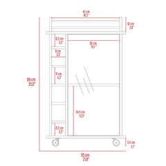 Bar Cart, Glass Door, Four Casters, Two Shelves, White