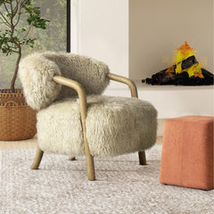 Zeus 33" Rustic Oak Sheepskin Upholstered Accent Arm Chair, Taupe Beige Genuine Fur