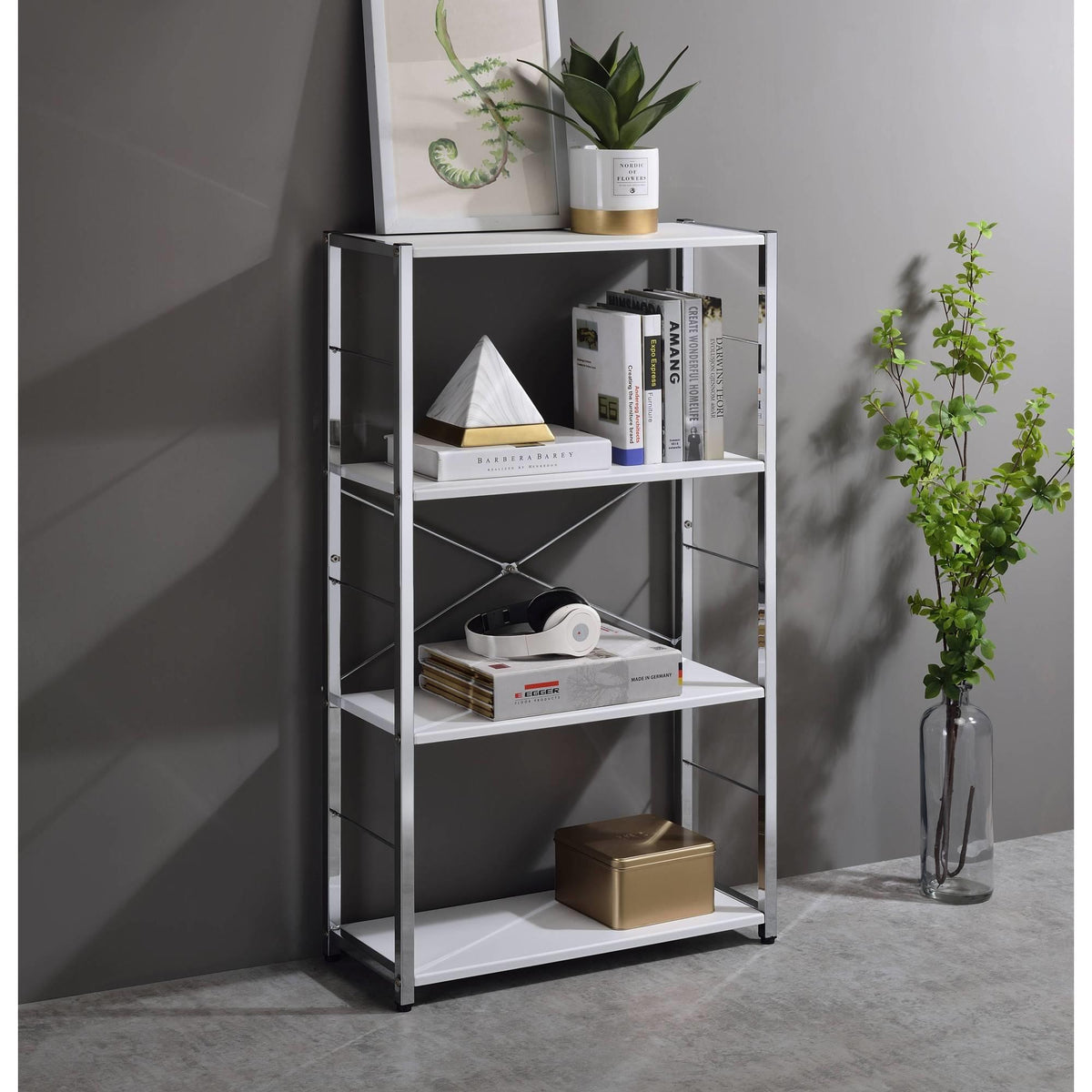 Avalon White & Chrome Finish Bookshelf