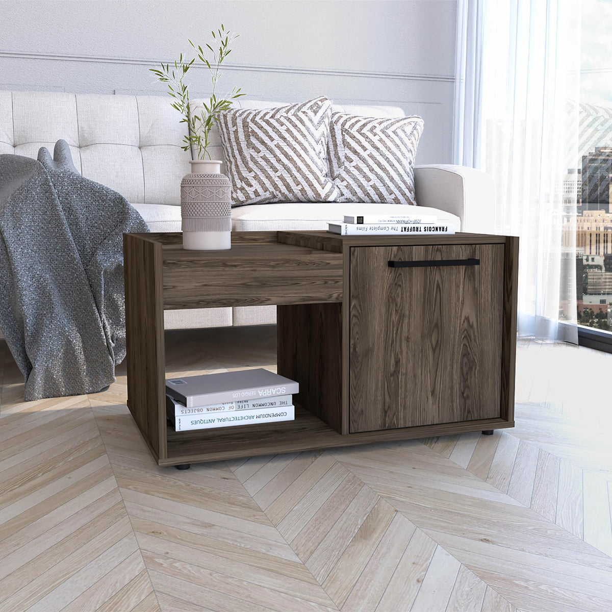 Theseus Coffee Table, Single Door Cabinet, One Open Shelf -Dark Walnut