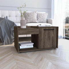 Theseus Coffee Table, Single Door Cabinet, One Open Shelf -Dark Walnut