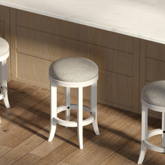 Sanctuary Counter-Height Wood Backless Barstool with Upholstered Gray Swivel Seat, White Frame, 1PC