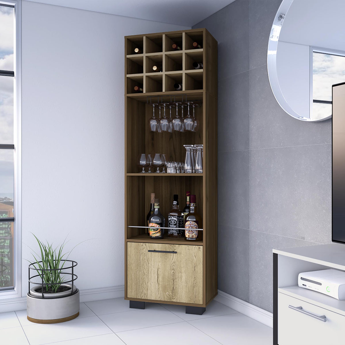 Dionysus 12-Bottle 2-Shelf 1-Drawer Bar Cabinet Mahagony and Macadamia