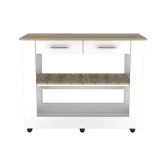 Astyanax Kitchen Island 46, Six Casters, Two Drawers, Lower Open Shelf -White / Light Oak