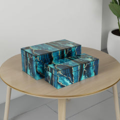 Vista Decorative Box Set of 2, Deep Blue Black Faux Marble Accent Glass