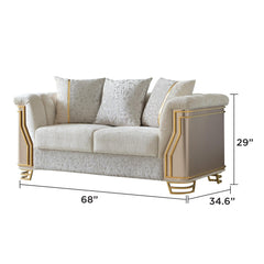 Epimetheus Two-Tone Wood Upholstery Loveseat with Modern Flawless Design, Stainless Steel Gold Accents, and Cream Finish