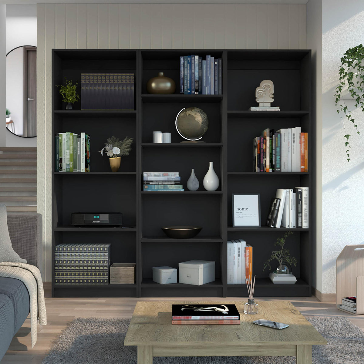 Camelot 3 Piece Home Bookcase set, 74" Wide with 13 Shelves , Living Room Set Set Black
