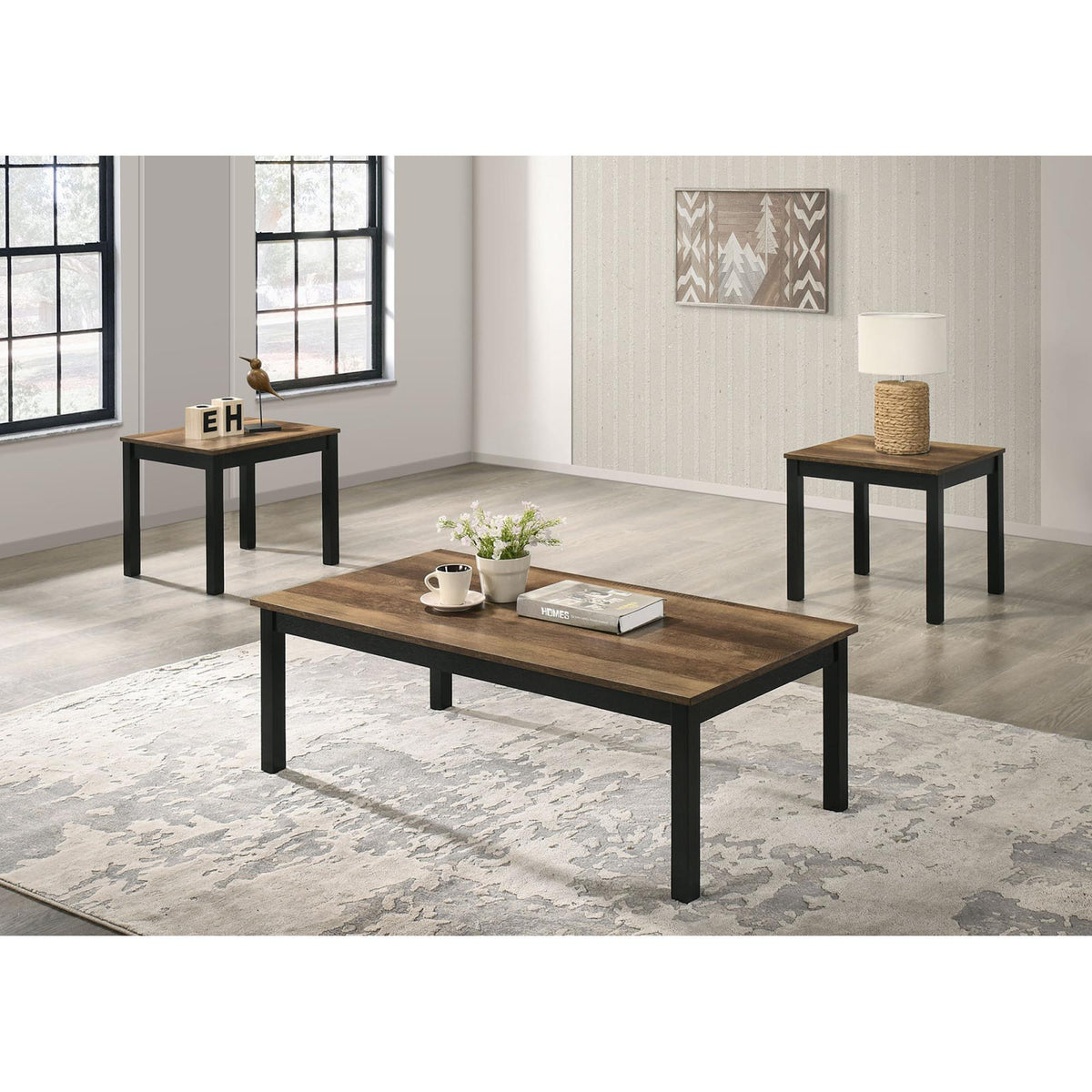 Contemporary Style 3pc Table Set 1x Coffee Table 2x End Table Faux Marble Top Wooden Legs Brown Finish Primary Living Room