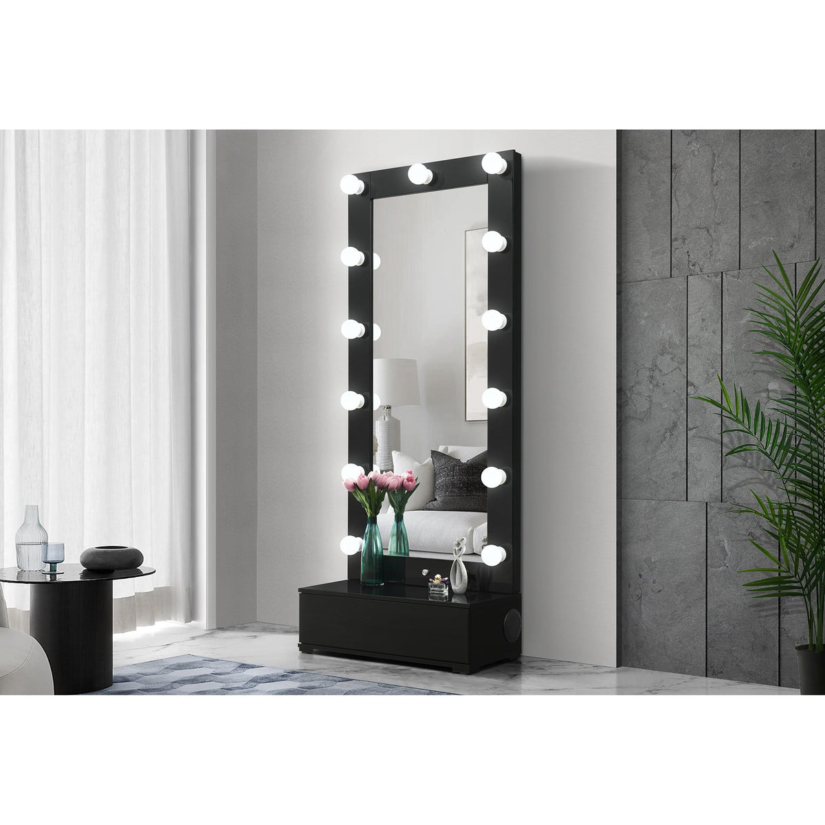 REVELATION BLACK NARROW TALL MIRROR WITH SPEAKER AND DRAWER