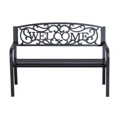 50" 2-Person Garden Bench Loveseat with Cast Iron Decorative Welcome Vines, Outdoor Patio Bench for Backyard, Porch, Entryway