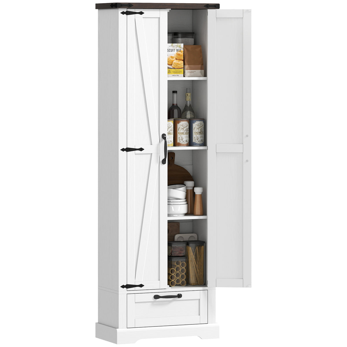 71" Pantry Cabinet, Kitchen Storage Cabinet with Adjustable Shelves, Barn Doors and Drawer for Dining Room, White