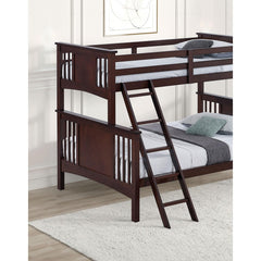 Modern Transitional Style Twin Over Full Bunk Bed With Ladder And Dark Walnut Finish