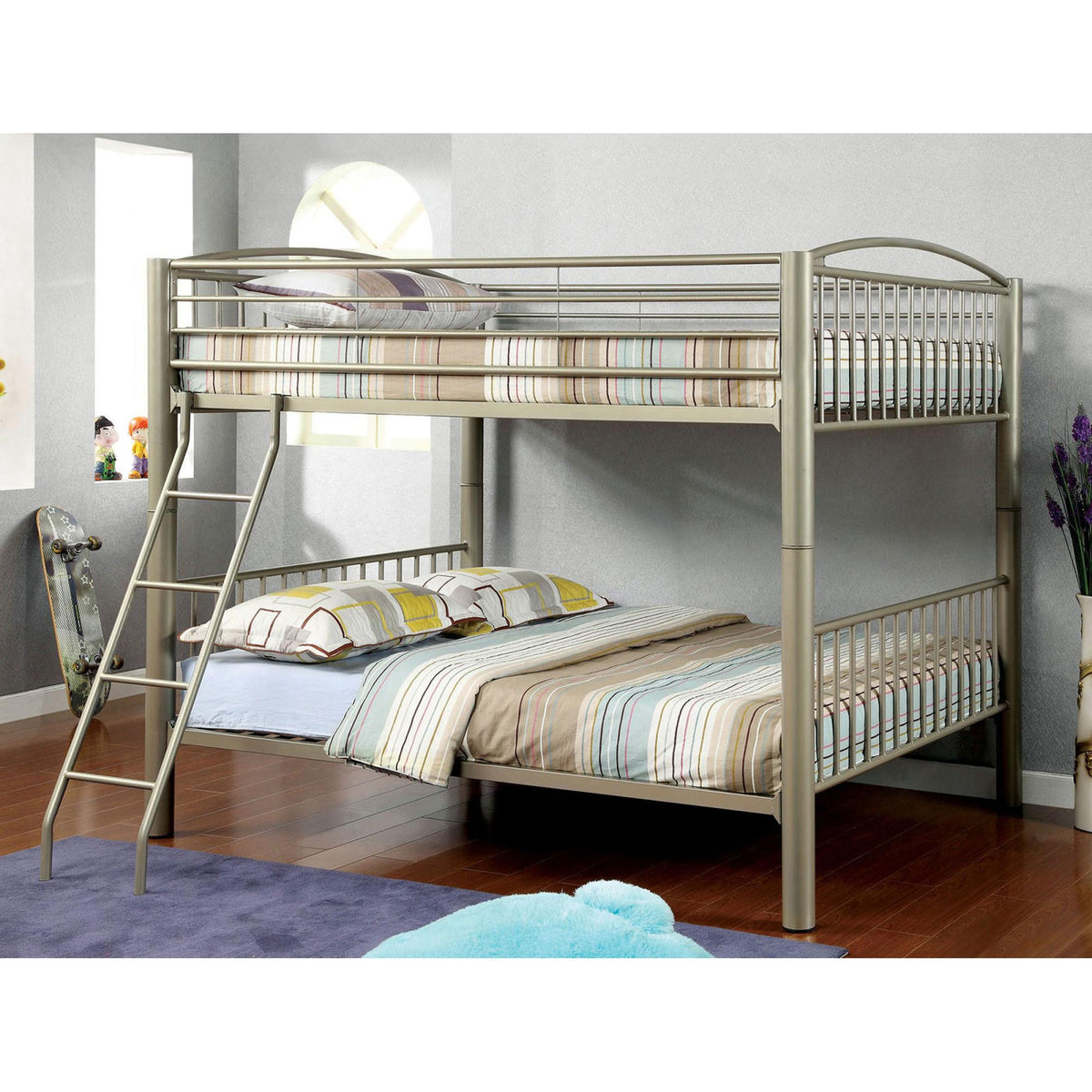 Chronos Gold Finish Contemporary Style Full Over Full Bunk Bed Full Metal Structure Movable Ladder Top Bed Rails Convert Into Two Separate Bed