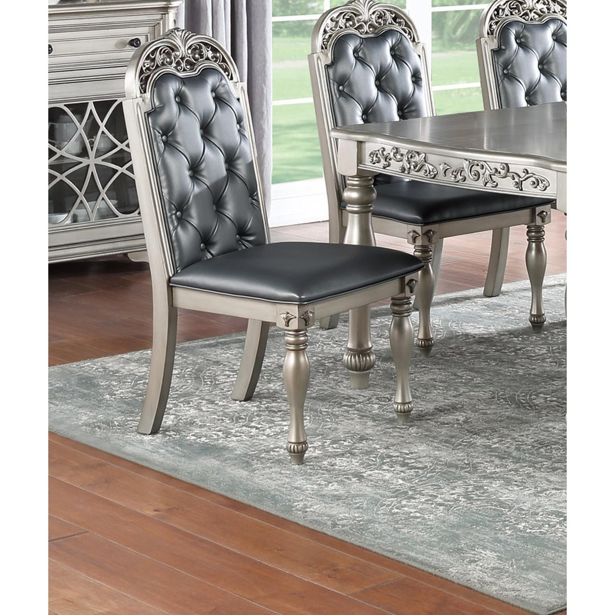 Odyssey Formal Set of 2 Side Chairs Grey / Silver Finish Rubberwood Dining Room Furniture Intricate Design Cushion Upholstered Seat Tufted Back