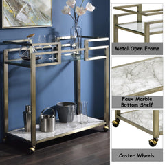 Shangri-La Clear Glass, Faux Marble Top & Wire Brass Finish Serving Cart