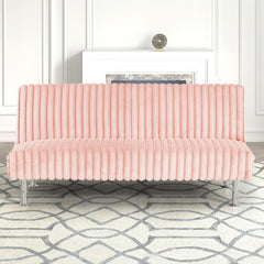 Pink Finish Futon Sofa Contemporary Style Easy Convert Into Bed With Extra Support Leg Armless Chrome Finish Base Legs