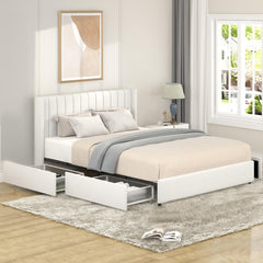 Odyssey Queen Size Ivory Boucle Upholstered Platform Bed with Patented 4 Drawers Storage, Tufted Headboard, Wooden Slat Mattress Support, No Box Spring Needed