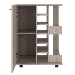 Bar Cart, Four Casters, Single Door Cabinet, Two External Shelves, Light Gray