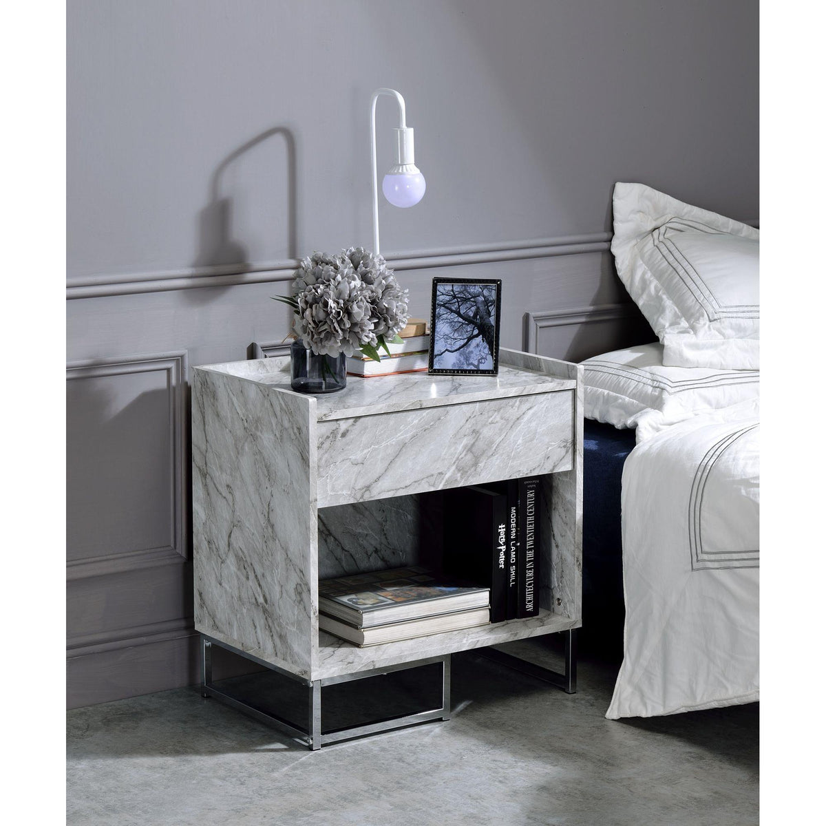 Lyra White Printed Faux Marble & Chrome Finish Accent Table