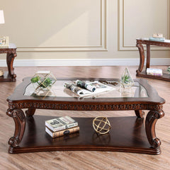 Traditional Style Coffee Table 5mm Tempered Glass Top Cabriole Legs Ornate Carved Design Dark Oak Finish End Table-Not Included
