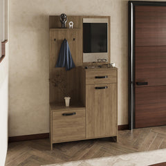 Eden 75" Tall Mirrored Tree Hall with Hangers, Three Shelves, Two Cabinets, One Drawer, Entry way, Console Table, Living Room Light Oak