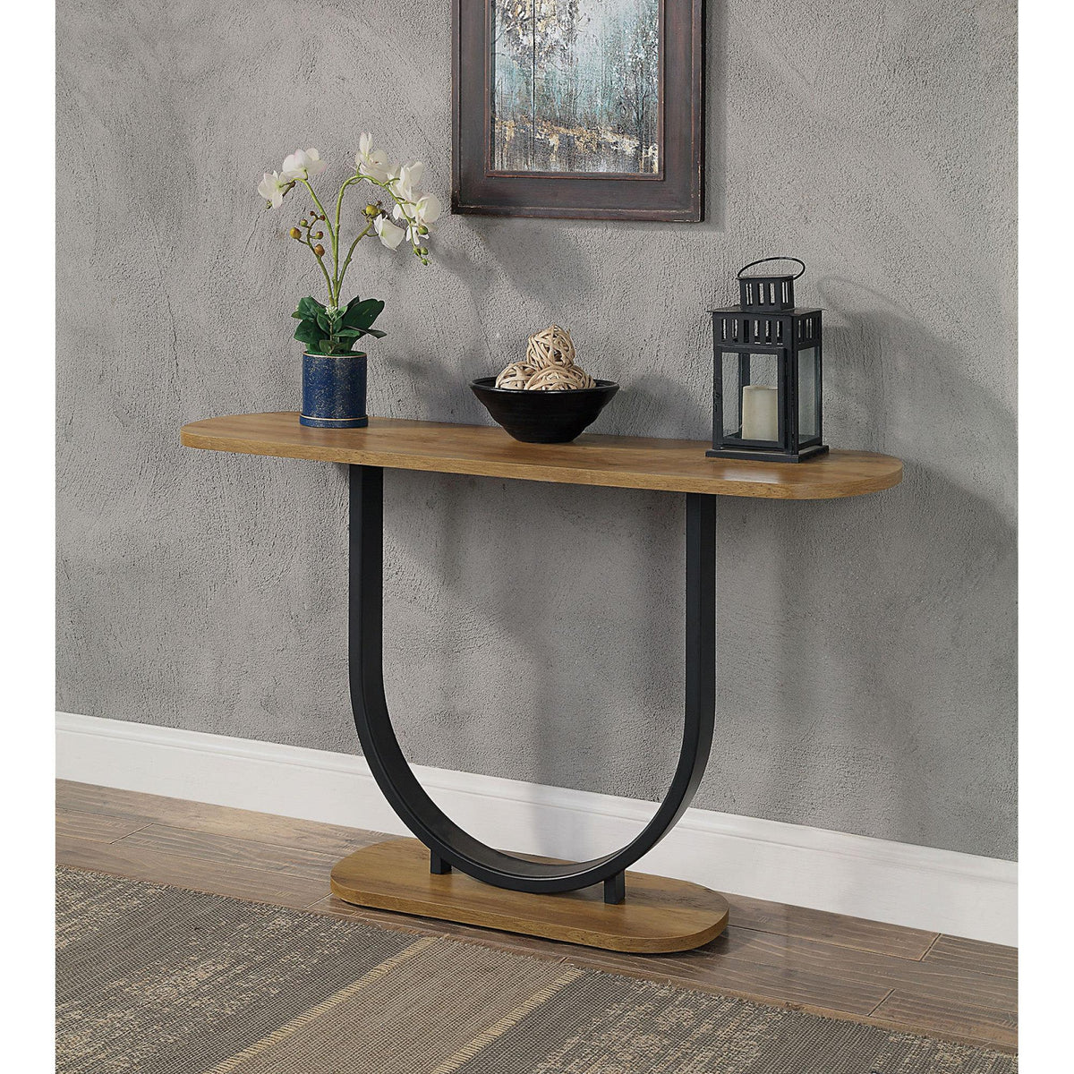 1pc Sofa Table Industrial Style U-Shape Base Replicate Wood Top Rustic Oak And Sand Black Finish Powder Coated Frame