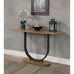 1pc Sofa Table Industrial Style U-Shape Base Replicate Wood Top Rustic Oak And Sand Black Finish Powder Coated Frame