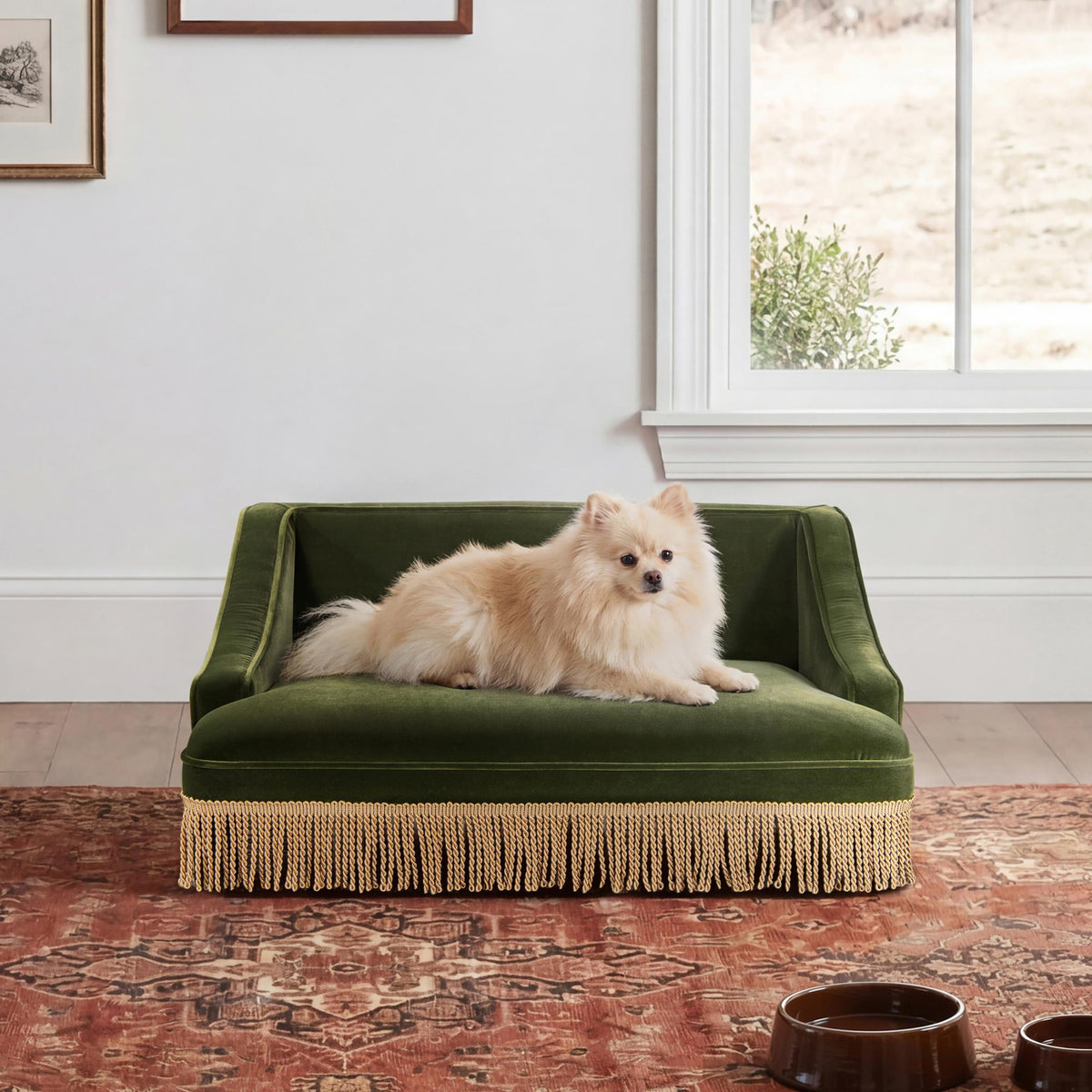 Uranus 33" Medium Princess Pet Bed Sofa with Fringe Skirt, Olive Green Performance Velvet