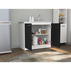 Pulsar Utility Sink With Cabinet, Double Door, One Shelf -White / Black