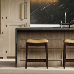 Sanctuary H Counter-Height Wood Barstool with Tan Faux-Leather Seat, 1PC