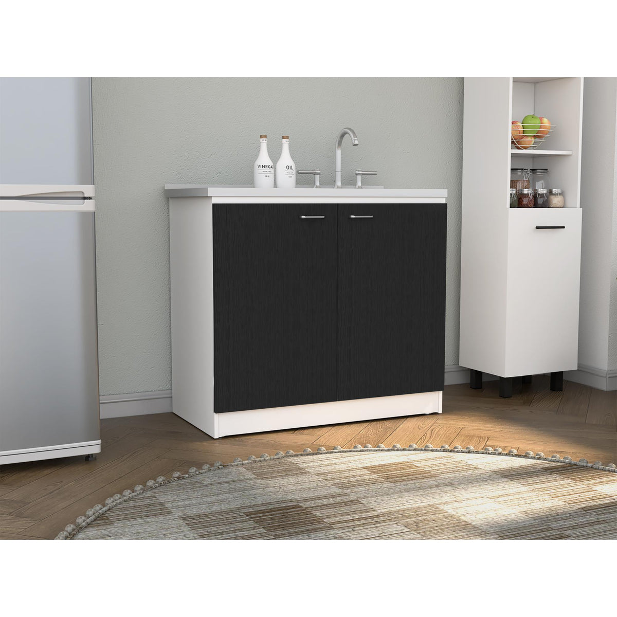 Pulsar Utility Sink With Cabinet, Double Door, One Shelf -White / Black