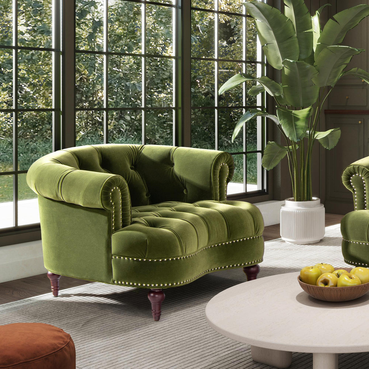 Harmony Rosa Victorian Tufted Upholstered Accent Chair, Olive Green Performance Velvet