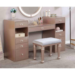 Glam Style 1pc Vanity w/ Padded Stool Set 3mm Mirror Storage Drawers LED On Mirror Tiffany Blush Finish Bedroom Furniture