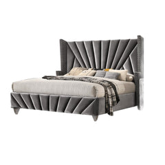 Bedroom Wingback Headboard 1pc Queen Size Bed Furniture Gray Fabric Upholstered Unique Beautiful Bed