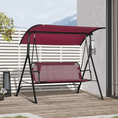 3-Person Porch Swing with Stand, Outdoor Swing for Patio Porch with Adjustable Tilt Canopy and Comfortable Swing Bench-Style Seat, Steel Frame, Wine Red