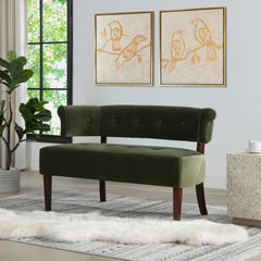 Sun Roll Arm Tufted Bench Settee, Olive Green Performance Velvet