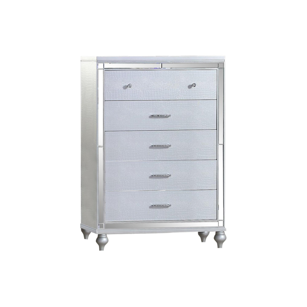 Utopia Mirror Framed 5-Drawer Chest Made With Wood in Silver Color