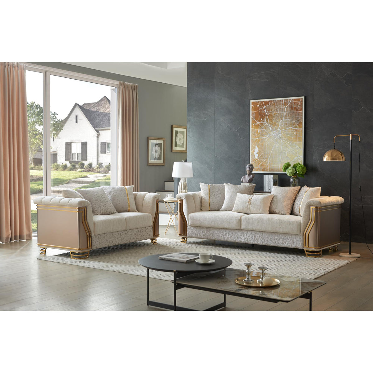 Epimetheus Two-Tone Wood Upholstery 2Pc Set with Modern Design, Stainless Steel Gold Accents, and Cream Finish