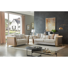 Epimetheus Two-Tone Wood Upholstery 2Pc Set with Modern Design, Stainless Steel Gold Accents, and Cream Finish