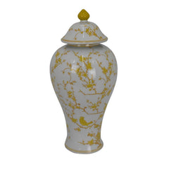 Shangri-La Lidded Accent Jar, Yellow Bird and Floral, White Ceramic 20 Inch