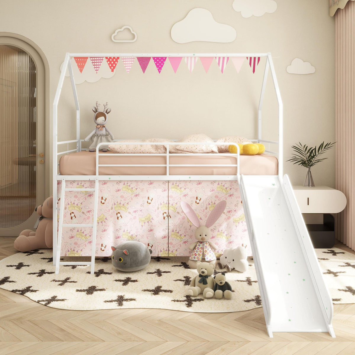 Agamemnon Metal Junior House Twin Loft Bed with Slide and Curtain Set and Pennant Banner Flag and Star Stickers, White with Pink