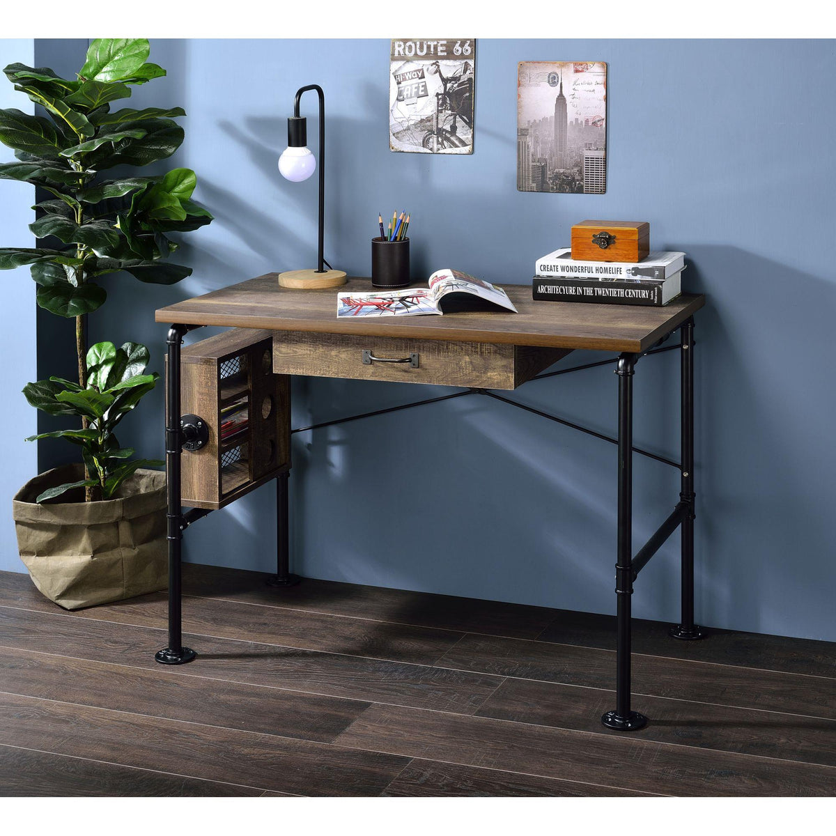 Hermes Weathered Oak & Black Finish Writing Desk