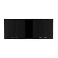 Wall Cabinet 24" H, Four Doors, Two Open Storage Shelves, Two Internal Shelves, Internal Dish and Glass Organizer, Black
