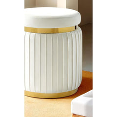 Contemporary Style 1pc Round Accent Stool Stainless Steel Gold Trim Velvet Fabric White Finish Primary Living Room