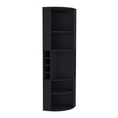 Aura Corner Bar Cabinet with Five Shelves , Eight Bottle Cubbies and Steamware Black